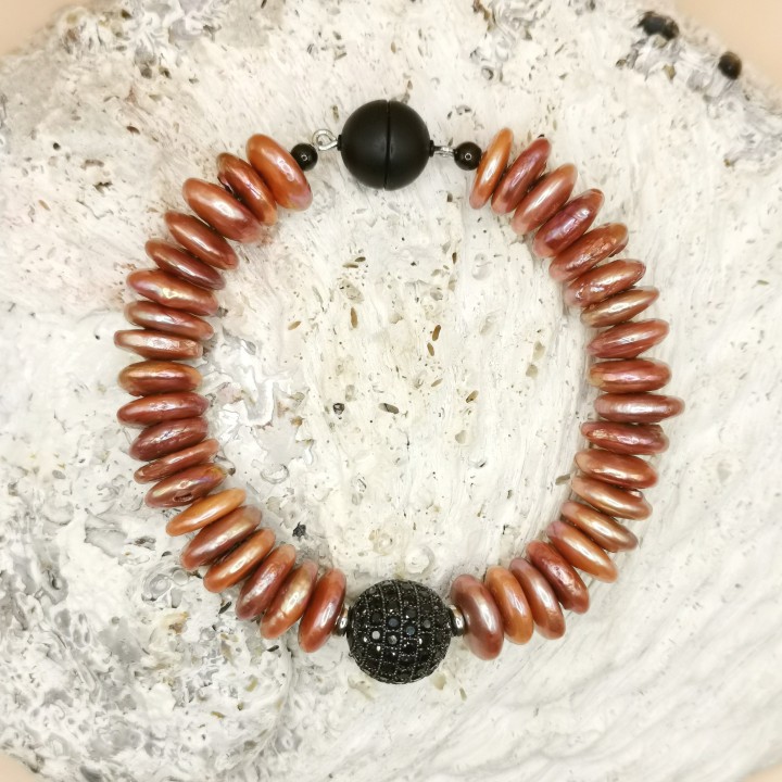 Süßwasserperlen Armband Baroque Perlen kupfer schwarz Rondelle Zirkonia Länge 18,5 cm