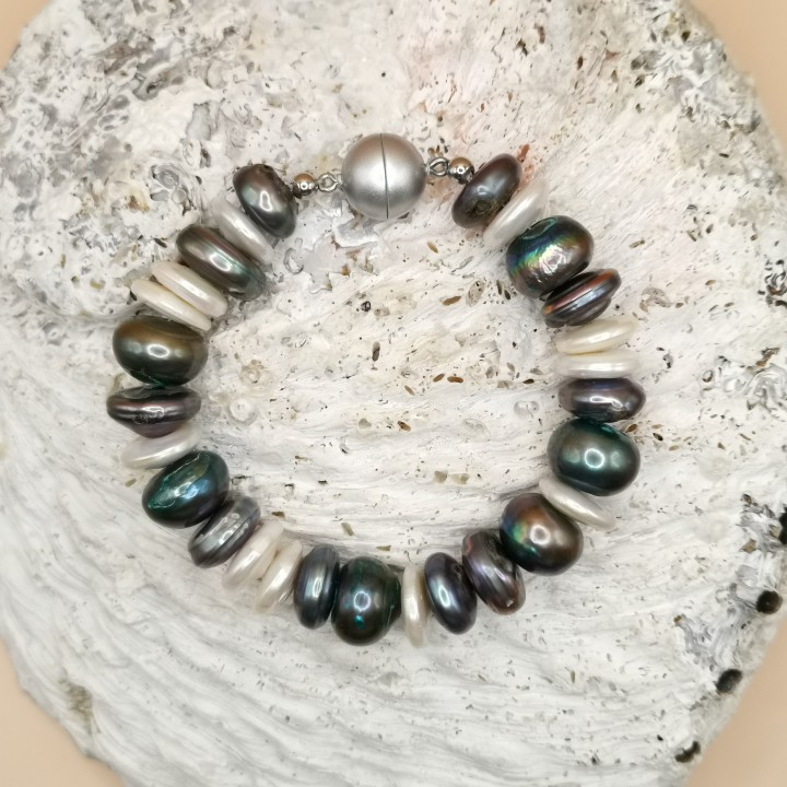 Süßwasserperlen Armband Baroque Perlen grün Rondelle Länge 19,5 cm