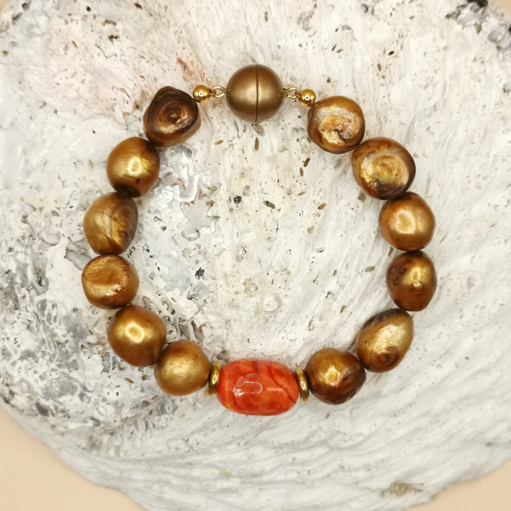 Süßwasserperlen Armband Baroque Perlen bronze orange mit Achat Länge 20 cm