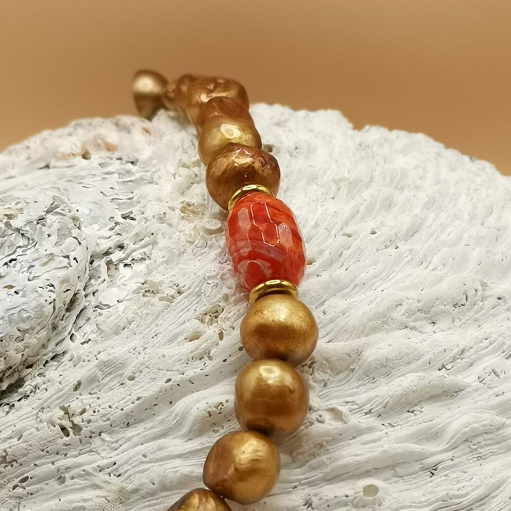 Süßwasserperlen Armband Baroque Perlen bronze orange mit Achat Länge 20 cm