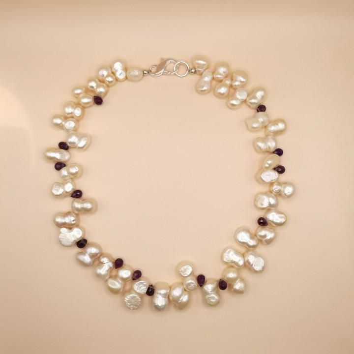 Süßwasserperlen Halskette Baroque Perlen weiss Amethyst 42,5 cm
