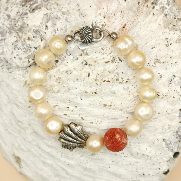 Süßwasserperlen Armband Baroque Perlen creme orange organische Perlen Koralle Silbermuschel Länge 19 cm