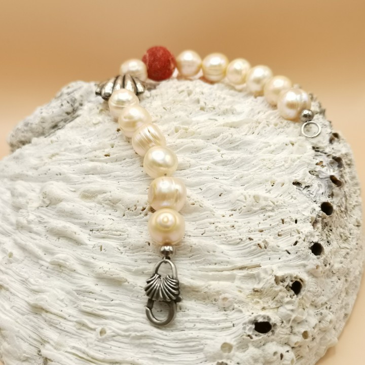 Freshwater pearls Bracelet Baroque pearls creme orange organic pearls coral silver shell Length 19 cm