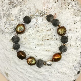 Süßwasserperlen Armband Baroque Perlen grün braun kupfer unregelmäßige Perlen Büffelhorn Länge 20 cm