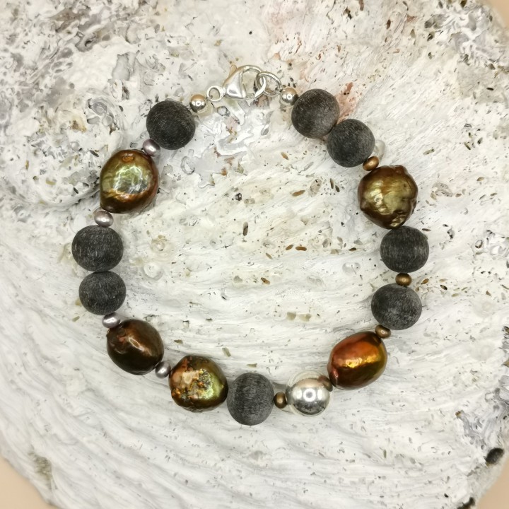 Süßwasserperlen Armband Baroque Perlen grün braun kupfer unregelmäßige Perlen Büffelhorn Länge 20 cm