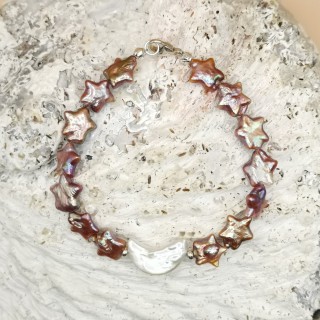 Süßwasserperlen Armband Baroque Perlen weiß Stern und Mondform Länge 20,5 cm