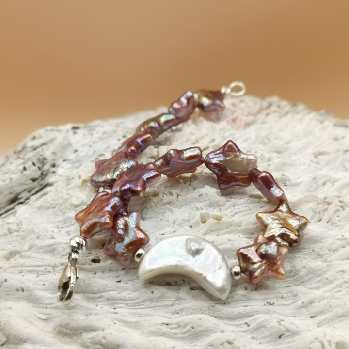 Süßwasserperlen Armband Baroque Perlen weiß Stern und Mondform Länge 20,5 cm