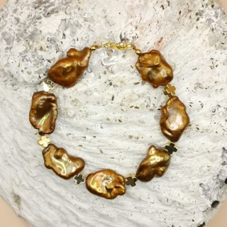 Freshwater pearls Bracelet Keshi pearls copper gold-plated crosses Length 20.5 cm