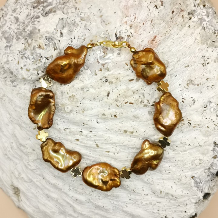Freshwater pearls Bracelet Keshi pearls copper gold-plated crosses Length 20.5 cm