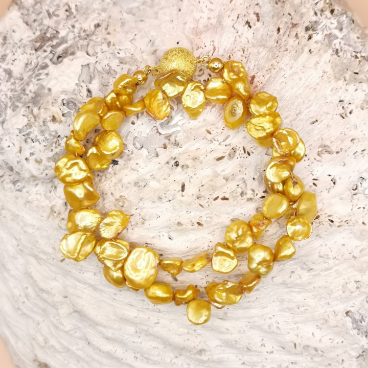 Süßwasserperlen Armband Keshi-Perlen gold doppelt Kugelverschluss Länge 18 cm