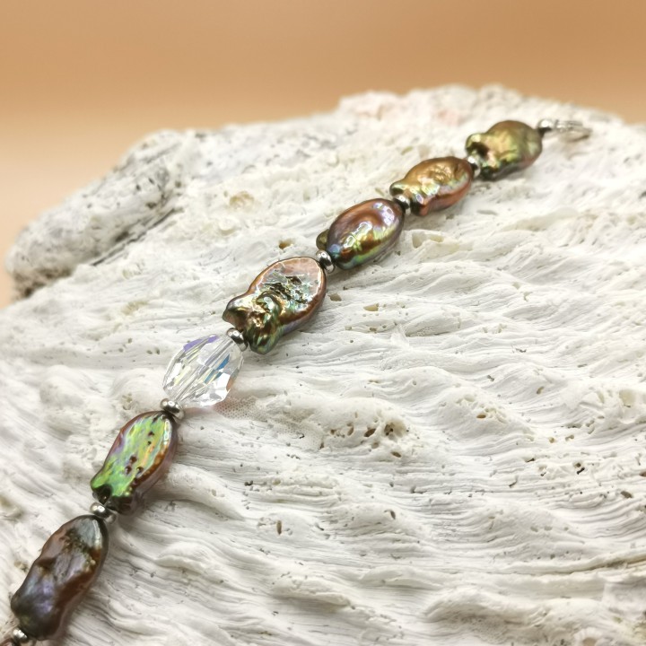 Süßwasserperlen Armband Baroque Perlen grün Fischform Swarovski Kristall Länge 20.5 cm