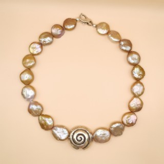 Freshwater pearls Necklace Baroque pearls gold white pearly Button pearls Length 44 cm