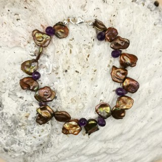 Süßwasserperlen Armband Keshi-Perlen braun lila bronze Amethyst Briolettes Länge 19 cm