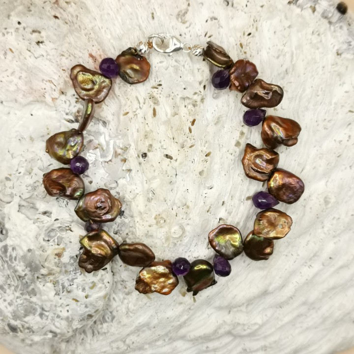 Freshwater pearls Bracelet Keshi pearls brown purple bronze Amethyst Briolettes Length 19 cm