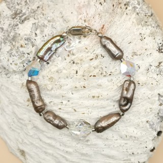 Süßwasserperlen Armband Baroque Perlen grau braun längliche Swarovski Kristalle Länge 21 cm