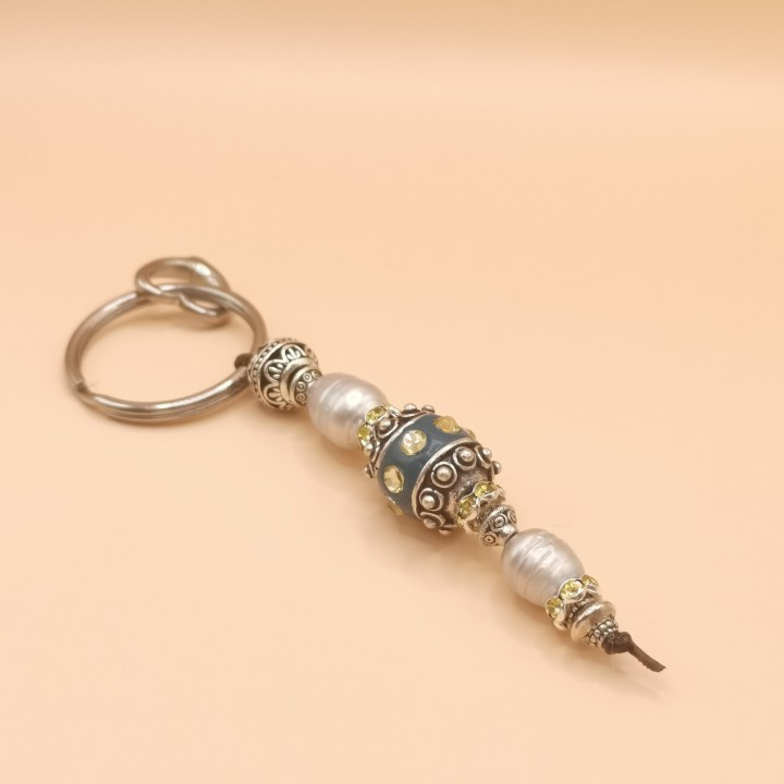 Freshwater pearls Keychain Baroque pearls blue Tibetan bead rhinestone Length 11 cm
